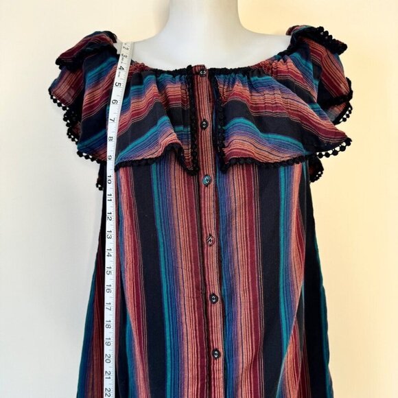 WAYF Mini Dress Striped Off the Shoulder Pom Pom Ruffle Lined Boho Beachy Sz L - Picture 8 of 16